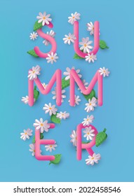 Summer 3d text vector banner design with Daisy Flowers on a background. 3D Web Vector Illustrations.