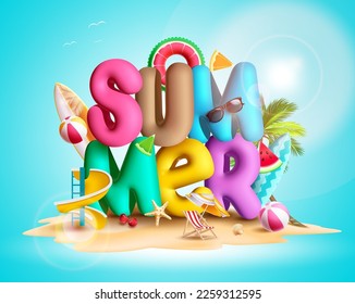 Summer 3d text vector design. Summer font letters in sand island element with beach elements. Vector illustration tropical season outdoor background. 