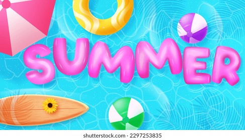 Summer 3d text vector design. Summer floaters in pink letters  with beach elements in swimming pool background. Vector illustration tropical holiday.