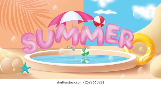 Summer 3d text vector design. Swimming pool with umbrella, floaters, beach ball and bubbles background. Vector illustration summer tropical season. 
