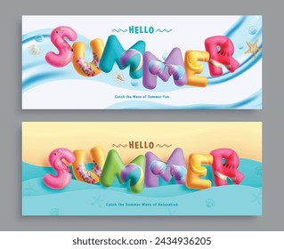 Summer 3d text vector set. Summer greeting in colorful typography, font, title and letters for tropical season promotion advertisement flyers collection. Vector illustration summer 3d text lay out 