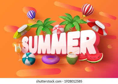 Summer 3d vector banner design. Summer 3d text with tropical elements like palm tree, hot air balloon and umbrella in orange abstract background for holiday season decoration. Vector illustration
