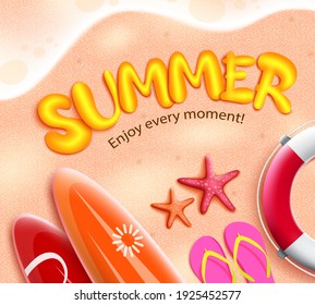 Summer 3d vector concept design. Summer enjoy every moment text in sand beach background with surfboard, lifebuoy and flipflop elements for travel vacation. Vector illustration 