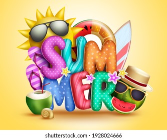 Summer 3d vector concept design. Summer 3d text with sun, fruits character in sunglasses and tropical elements like floater and surfboard for fun and enjoy holiday vacation. Vector illustration
