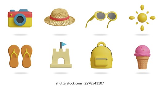 conjunto de iconos vectoriales 3D de verano.
cámara, sombrero de paja, gafas de sol, sol, sandalias, castillo de arena, mochila, helado