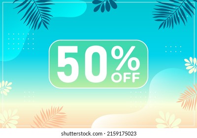 Summer 50% off. Blue banner with 50 percent discount on a green balloon for mega big sales. 50% sale