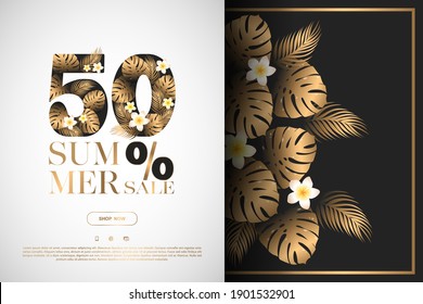 Summer 50% sale vector banner template with exotic tropical gold flowers, monstera and palm leaves. Design for advertising, promotion, flyer, invitation, poster, website, card