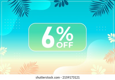 Summer 6% off. Blue banner with 6 percent discount on a green balloon for mega big sales. 6% sale