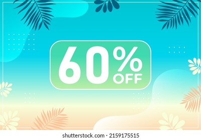 Summer 60% off. Blue banner with 60 percent discount on a green balloon for mega big sales. 60% sale