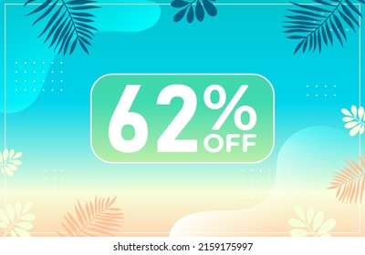 Summer 62% off. Blue banner with 62 percent discount on a green balloon for mega big sales. 62% sale