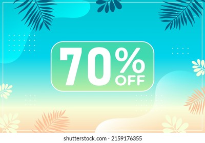 Verano 70% de descuento. Banner azul con 70 por ciento de descuento en un globo verde para grandes ventas. 70% de venta