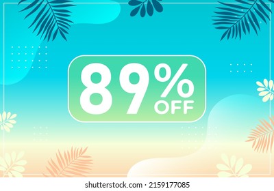 Verano 89% de descuento. Banner azul con 89 por ciento de descuento en un globo verde para megaventas. 89% de venta