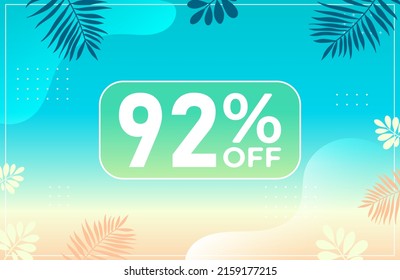Summer 92% off. Blue banner with 92 percent discount on a green balloon for mega big sales. 92% sale