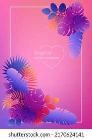 Summer A4 template with corner floral arrangement of tropical leaves. Palm and monstera foliage of multi colored silhouettes on pink background. Vertical banner, greeting card, cover, event poster.