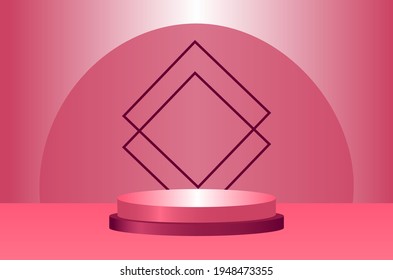 Summer abstract 3d podium with geometric forms in pink and burgundy tones. Product presentation, mockup. Vector illustration.