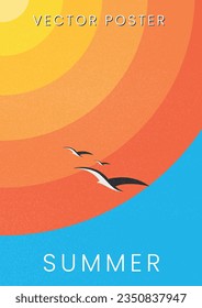 summer abstract art poster, with sun and flying birds sky in the background. editable text