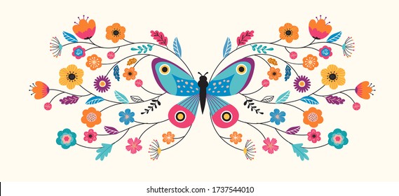 Summer abstract background, banner design with butterfly and flowers