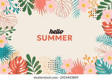 Sommer abstrakter Hintergrund, Banner, Poster mit tropischen Blättern. Farbiger Hintergrund mit tropischen Pflanzen und Blumen. Modernes, farbenfrohes Design. Vektorvorlage für Social-Media-Beiträge.