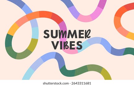 Summer abstract background with bright rainbow lines.Modern illustration with colorful shapes.Summer vacation banner in simple fun style.Horizontal print for posters,banners,ad,covers,branding,fashion
