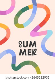 Summer abstract background with bright rainbow lines.Modern illustration with colorful shapes.Summer vacation banner in simple fun style.Vertical print for posters,banners,ad,covers,branding,fashion