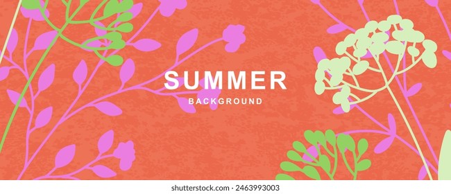 Fondo abstracto de verano con flores silvestres brillantes. Diseño Horizontal de Vector en estilo minimalista para póster, portada, ventas, cabecera, redes sociales, publicidad