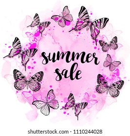 Summer abstract background with butterflies and pink watercolor texture for seasonal sale