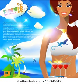 Summer abstract background or card with sexy girl, standing with cocktails.