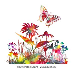 Fondo abstracto de verano. Flores de colores y mariposas en acuarela. Ilustración del vector
