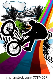 Summer abstract background design with bmx biker silhouette. Vector illustration.