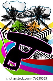 Summer abstract background design with wake boarder silhouette. Vector illustration.