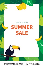Sommerabstrakte Hintergrunddesigns mit Toucan, Banane, Verkauf, Social Media Werbebanner. Vektorgrafik