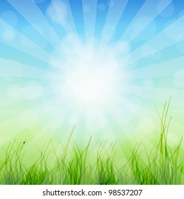 Summer Abstract Background with grass and tulips against sunny sky. Vector illustration.