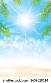 Summer abstract background green palm leaf and blur beautiful nature on the tropical beach with bokeh glitter sunlight. Relax vacation and travel business concept with copy space. Vector illustration