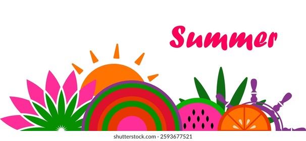 Summer abstract background with icons and abstract shapes. Applicable to card, print, poster, etc. Vector illustration.