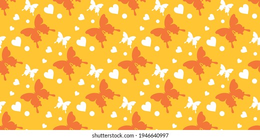 Patrón de fondo abstracto de verano con mariposas, corazones sobre un fondo naranja. Gráficos vectoriales