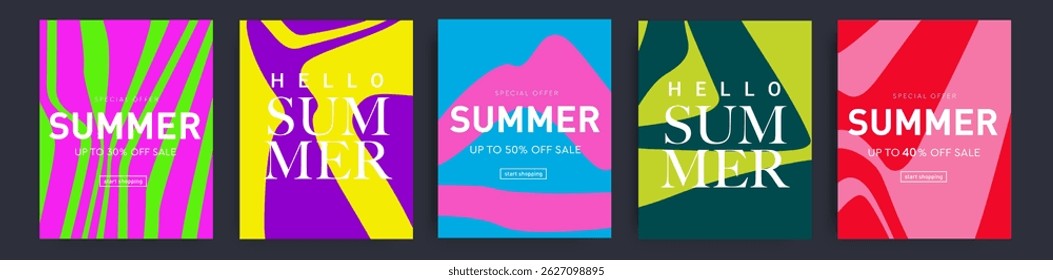 Summer abstract background with Pink, Yellow, Green, Purple, Blue, Purple, Orange colors. Modern Design  Fluid Texture for Advertising, Social Media, Sale, Poster, Banner, Cover. Vector Illustration