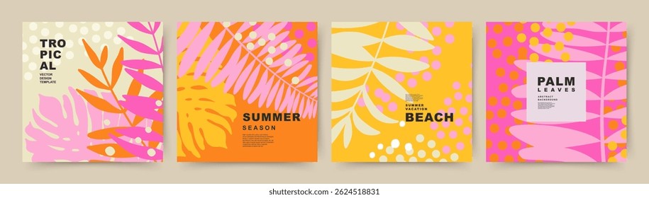 Summer Abstract Background set with tropical leaves pattern. Vector minimalistic Exotic Nature design templates for poster, banner, cover, advertising, summer sale, social media