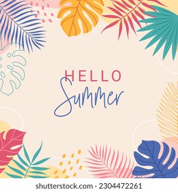 Summer abstract background with tropical leaves. Jungle exotic leaves. Modern trendy colorful design. Vector template for greeting cards, posters, banners.