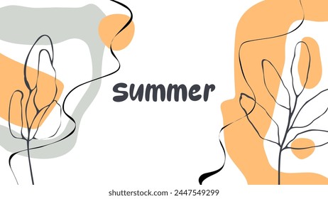 Fondo abstracto de verano con varias Formas dinámicas dibujadas a mano, líneas onduladas negras y hojas tropicales para el Diseño gráfico creativo de verano. Ilustración vectorial.