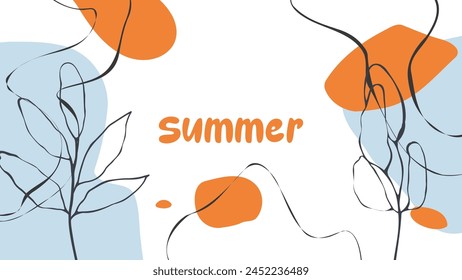Summer abstract background with various hand drawn dynamic shapes, black wavy lines and tropical leaves for Summertime creative graphic design. Vector illustration.