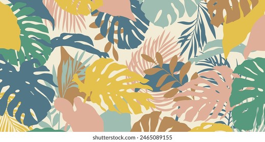 Summer abstract background, wallpaper. Bright colorful modern branding concept. Sale, ads, poster, card template. Exotic tropical plants, leaves.