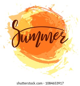 Summer abstract background. Written letters on the background of the orange sun. Vector illustration
