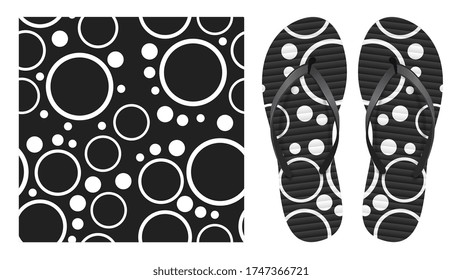 Summer abstract black and white seamless pattern with circles and rings. Pattern design for printing on flip-flops. Visualization of flip-flops design