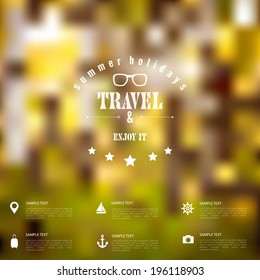 Summer abstract blurred,defocused background with travel label.