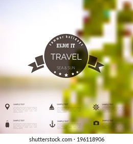 Summer abstract blurred,defocused background with travel label.