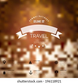Summer abstract blurred,defocused background with travel label.