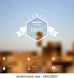 Summer abstract blurred,defocused background with travel label.