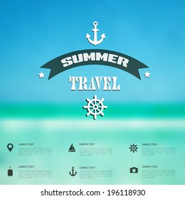 Summer abstract blurred,defocused background with travel label.