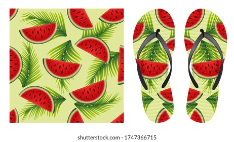 Summer abstract bright seamless pattern with watermelon slices and palm leaves. Pattern design for printing on flip-flops. Visualization of flip-flops