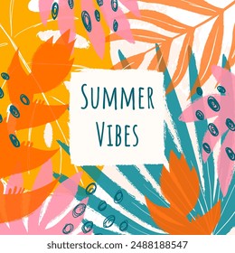 Summer abstract card with risography and typography. Tropic leaves, flowers and scribbles in hand drawn style. Grunge texture effect. Template for social media, banner, cover, poster, sales.